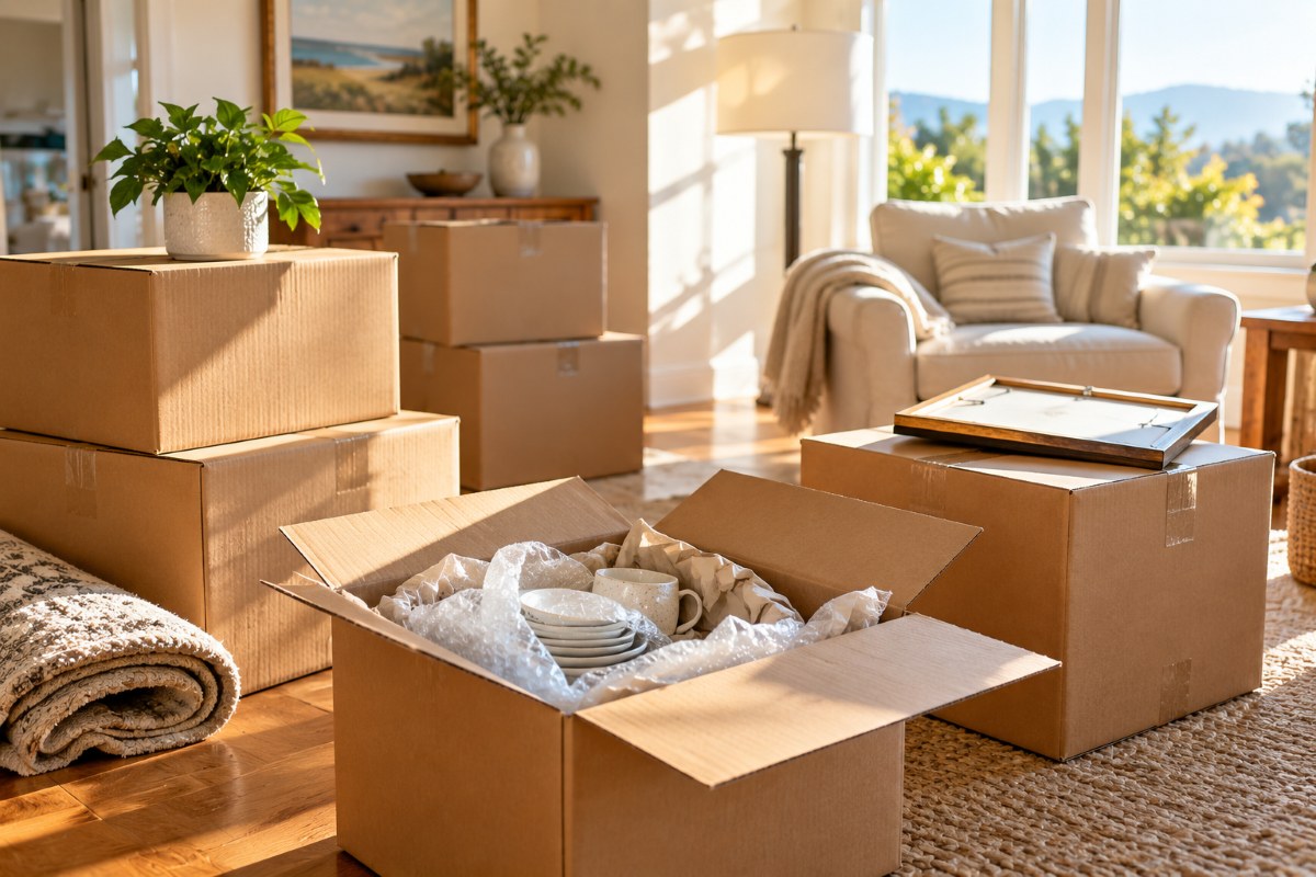Moving boxes and wrapped dishes in a sunlit living room during a downsizing move