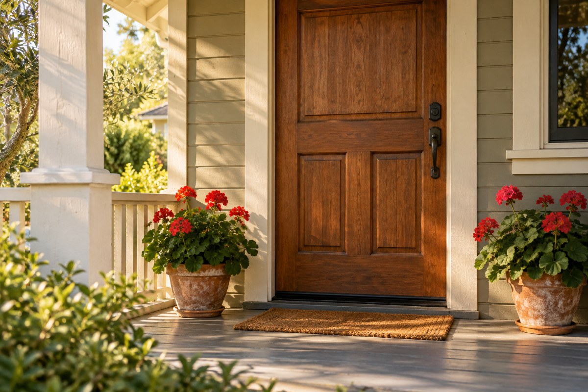 Front porch of a family home in Santa Maria, California with the door closed