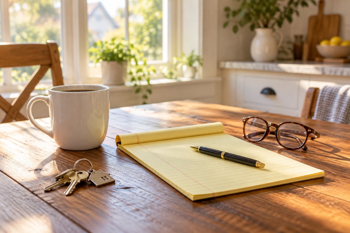 Coffee mug, yellow notepad, reading glasses, and house keys on a kitchen table in morning light