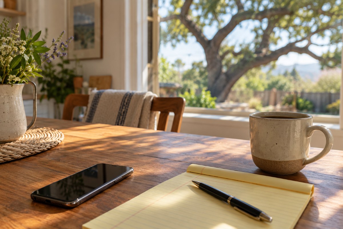 Homeowner's kitchen table with a phone, notepad, and coffee in a Central Coast home, getting ready to call about selling
