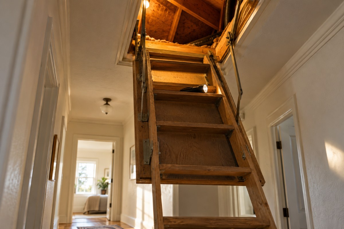 Open attic hatch with a pull-down ladder in the hallway of a Central Coast home, a flashlight resting on the step