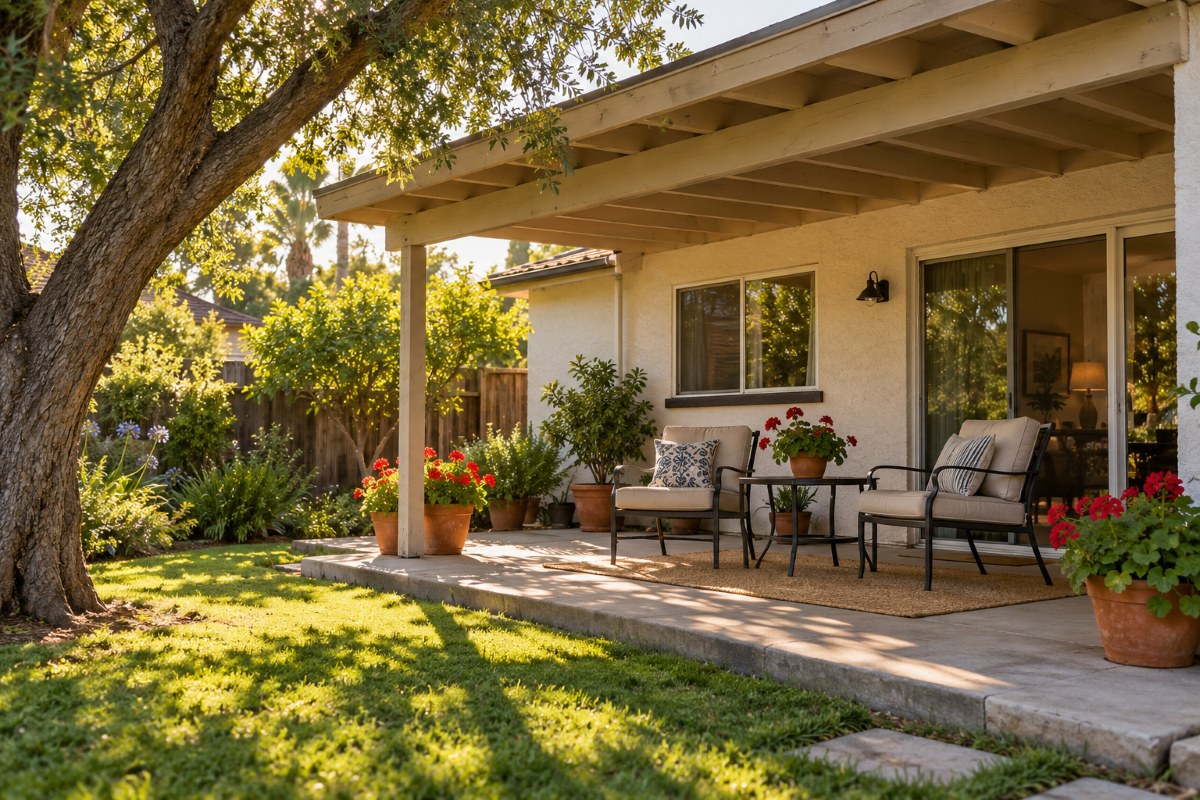 Covered backyard patio attached to an older Central Coast home with a wood beam roof and outdoor chairs