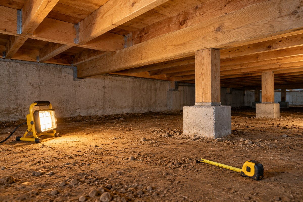 Concrete foundation and wood framing in a home crawlspace lit by a work light