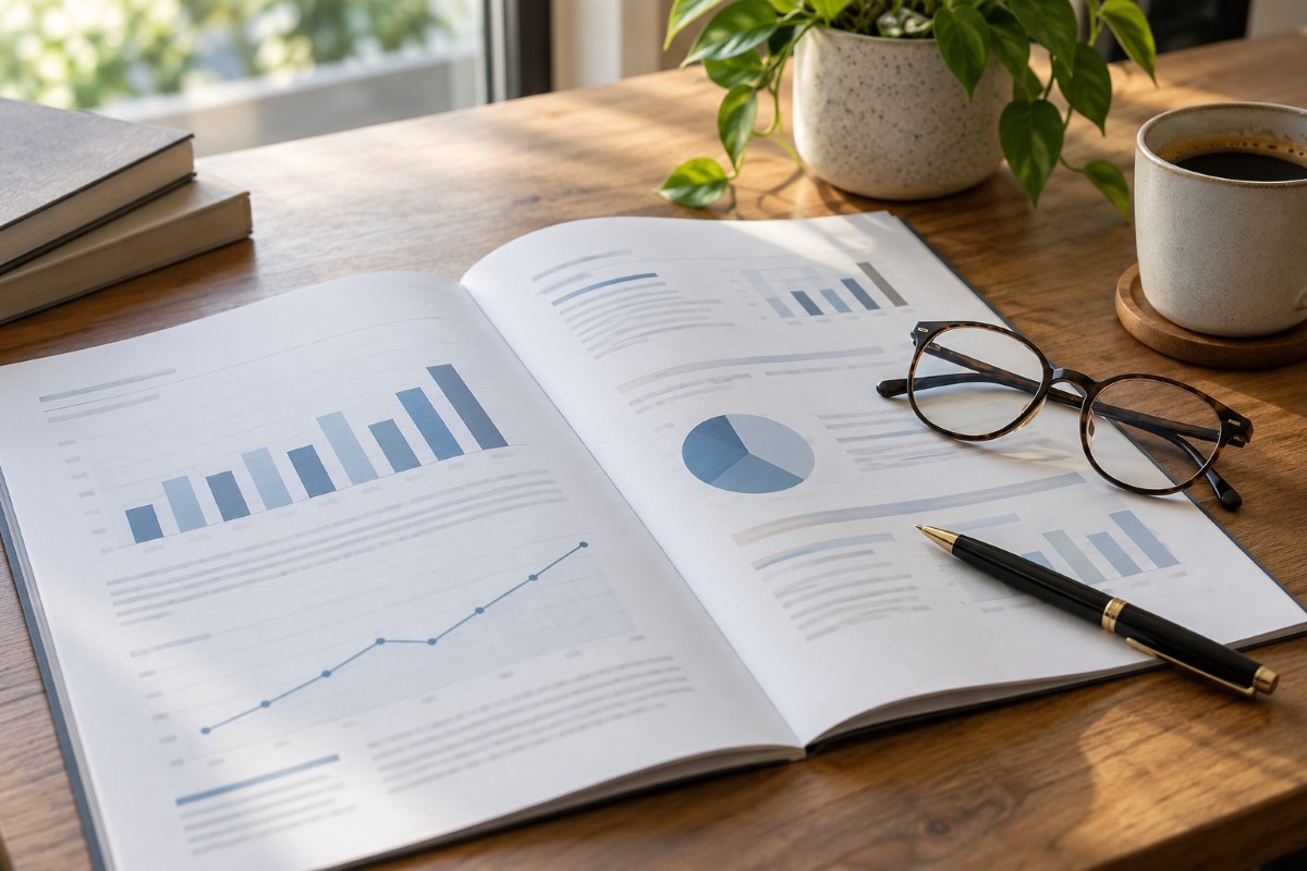 Printed home pricing report with charts on a desk beside reading glasses and a pen