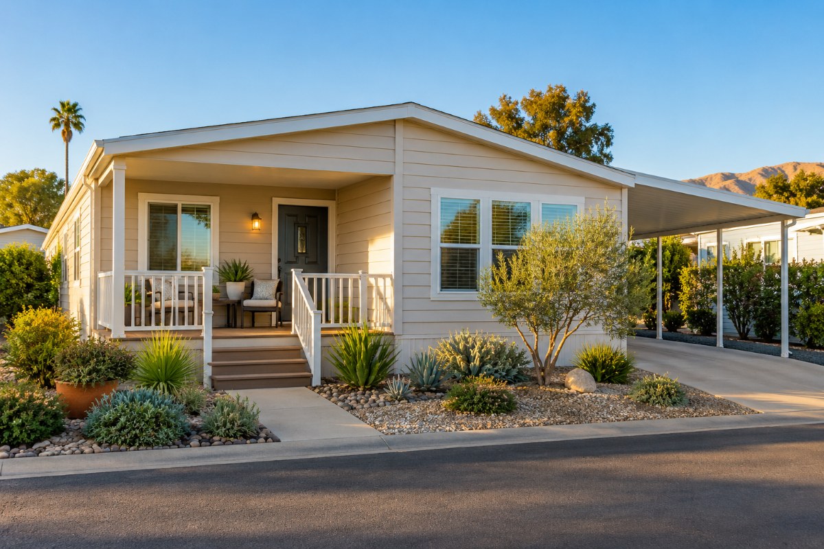 Well-kept manufactured home with a small front porch and potted plants in a quiet Central Coast community