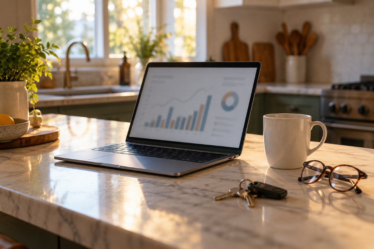 Laptop on a kitchen counter next to a coffee mug and house keys, suggesting a homeowner checking their home's value