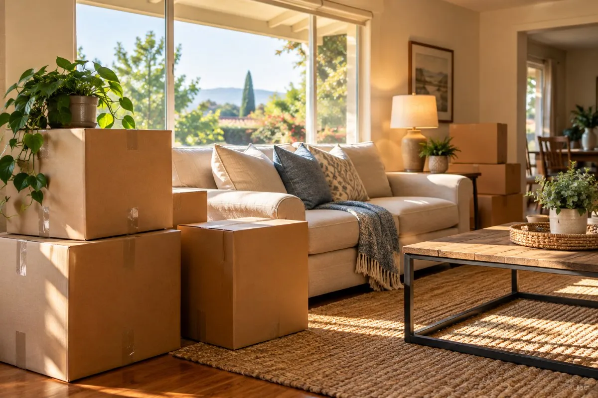 Moving boxes stacked neatly in a sunlit living room of a Central Coast home