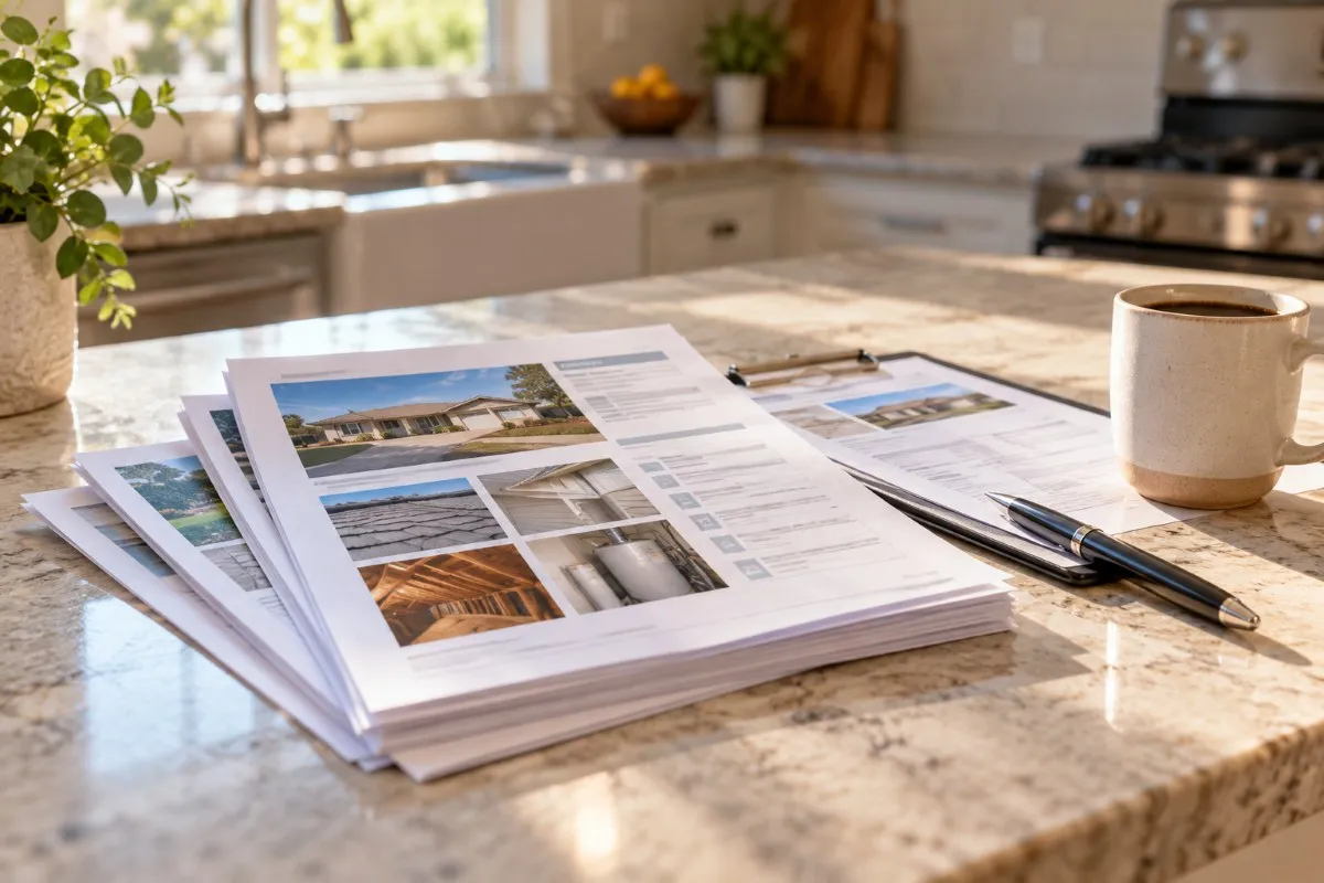 Home inspection report on a kitchen counter next to a clipboard and a pen