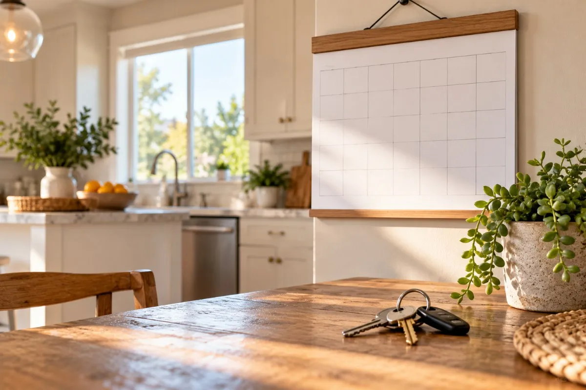 Wall calendar and a set of house keys on a wooden kitchen table in morning light