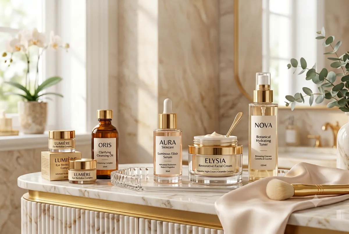 Editorial studio-style hero photo of high-end skincare products on a neutral backdrop