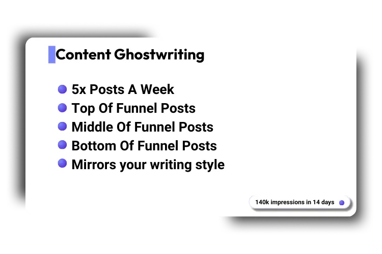 Content ghostwriting card highlighting consistent posting and audience warming.