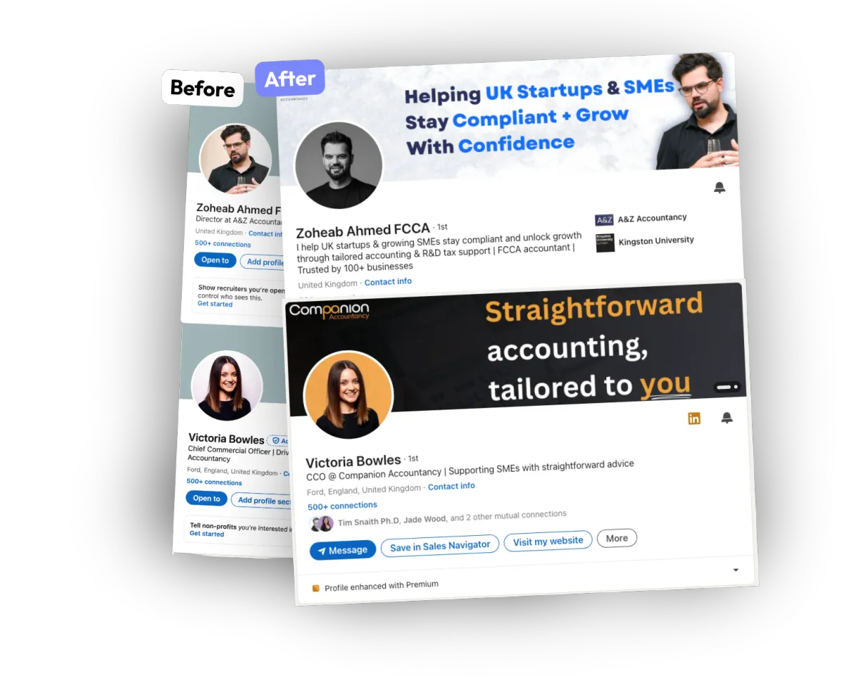 Before and after LinkedIn profile showing updated banner and outcome-led headline.