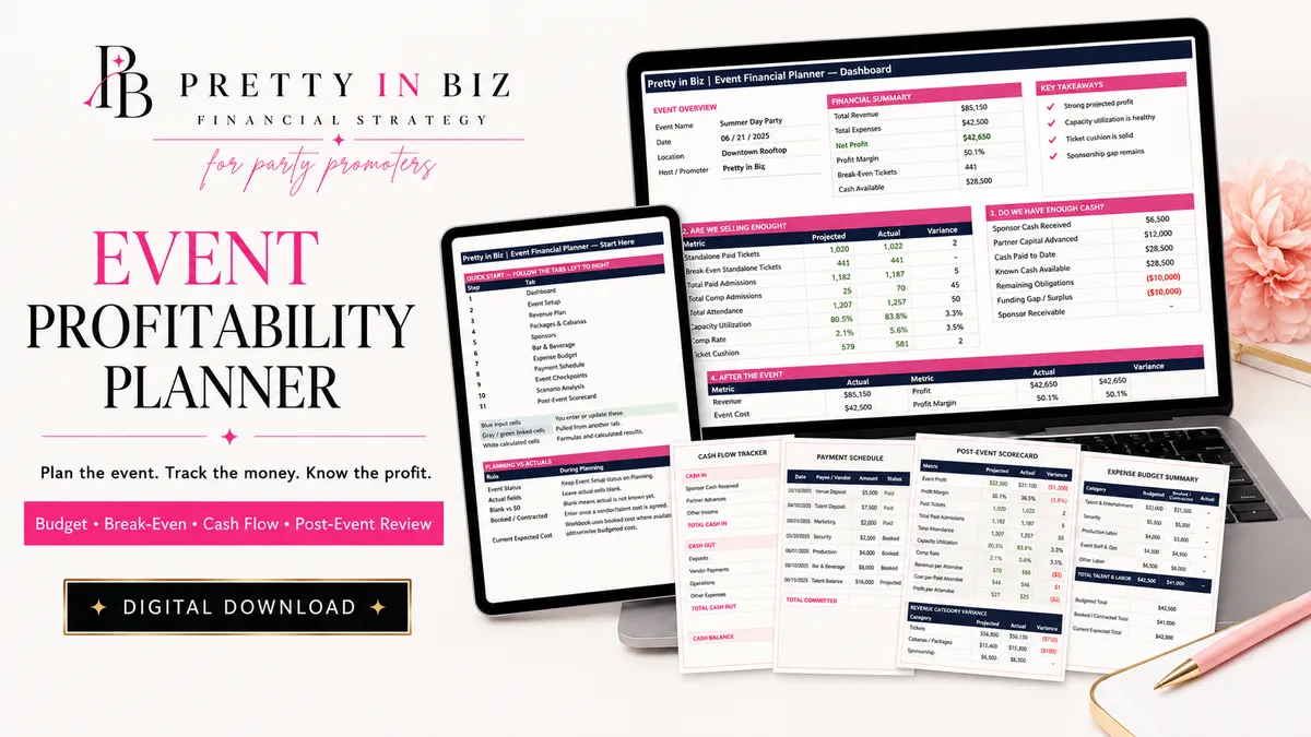 Event Profitability Planner digital spreadsheet and workbook mockup on tablet