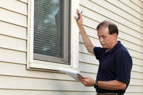 Home inspector examining exterior siding and taking notes during a home inspection.