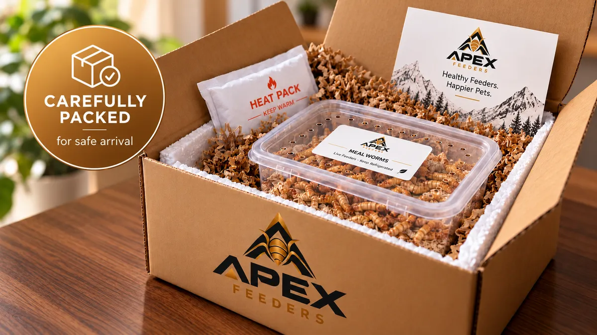 An open cardboard shipping box revealing a plastic container of live insects nestled inside packaging material.