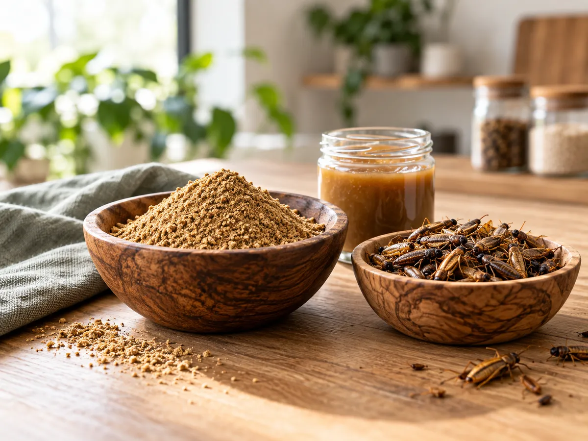 Rustic wooden bowls containing insect nutrition powder and gel.