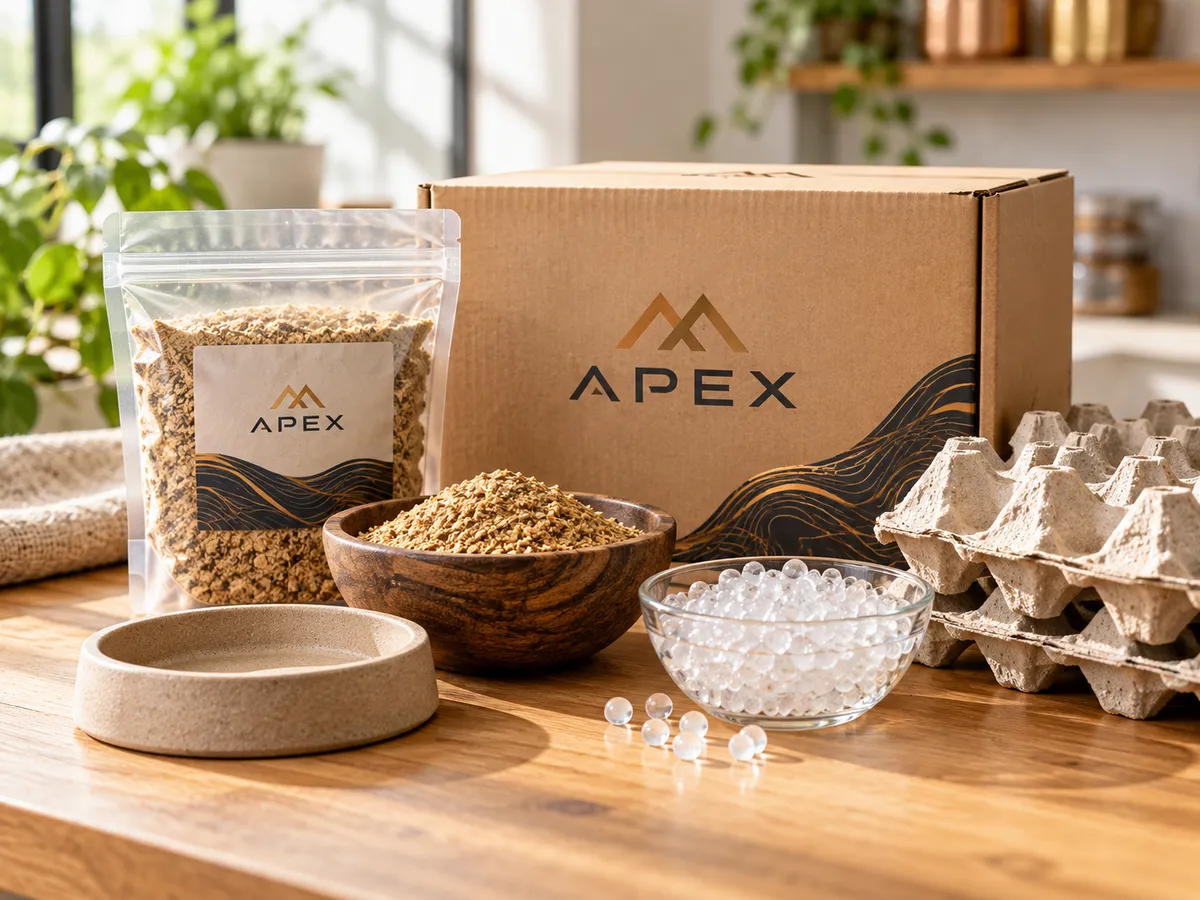 Cardboard shipping box with 'APEX' printed on it, surrounded by packaging materials.