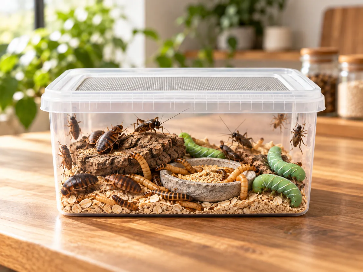 Plastic container filled with live crickets.