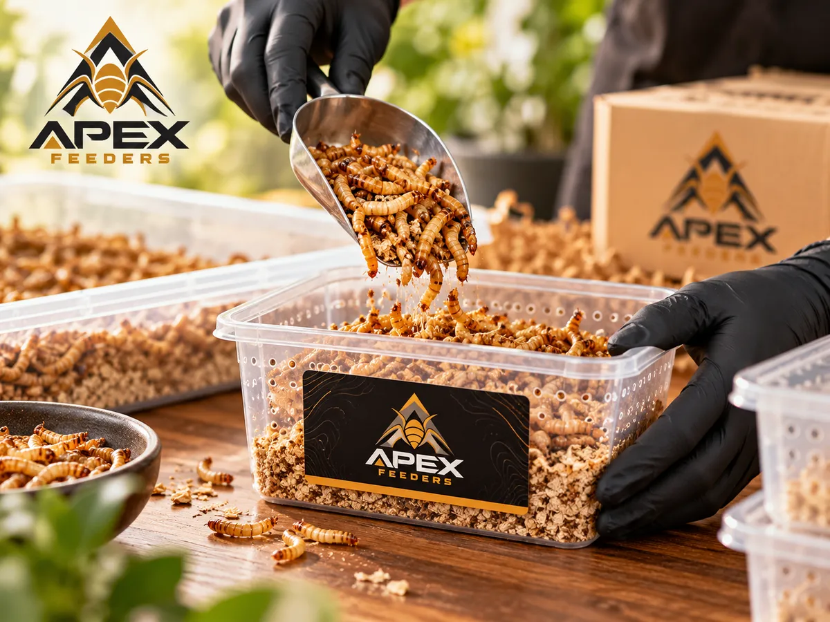 Hands in gloves placing a container of live insects into a box.