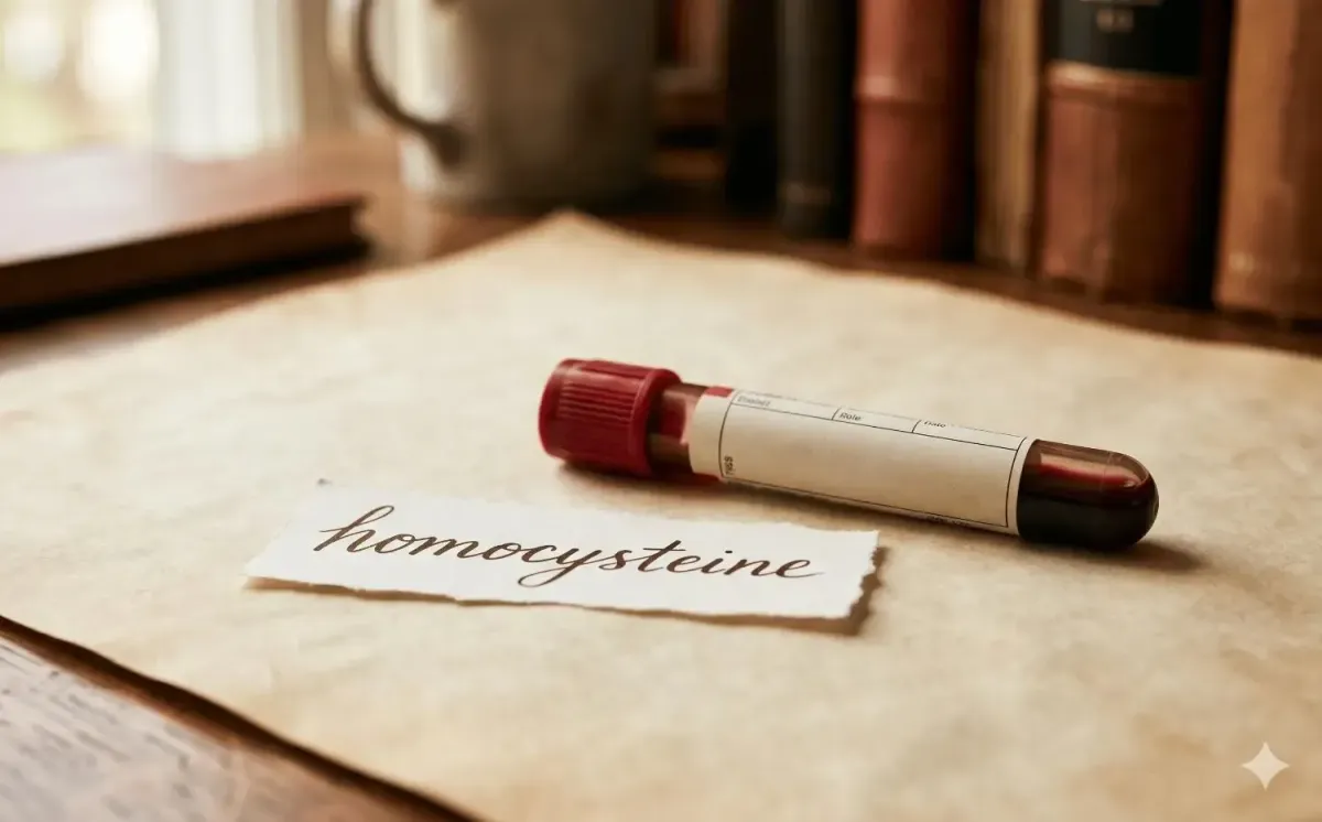 Blood sample tube labeled for homocysteine testing, a key biomarker linked to heart health, brain function, methylation, and cardiovascular disease risk.