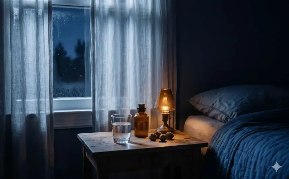 Bedside table with lamp, supplements, and water beside a bed at night, representing melatonin, sleep quality, DNA repair, and healthy aging.