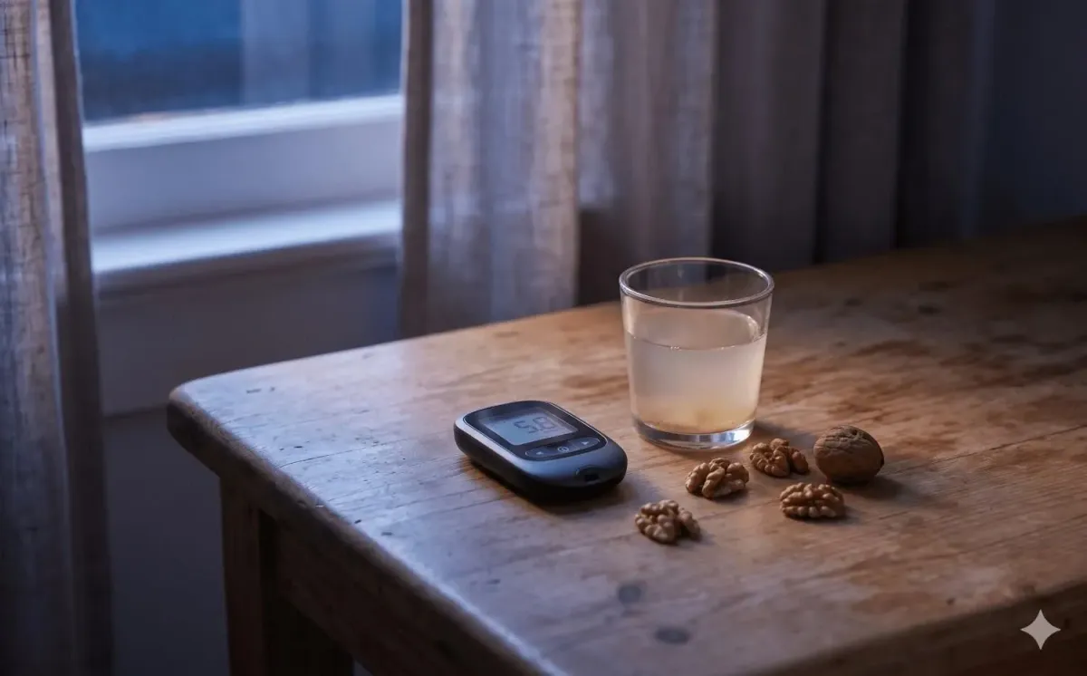 Blood glucose meter on a bedside table beside a glass of water and walnuts, illustrating overnight blood sugar regulation, insulin resistance, and the dawn phenomenon.