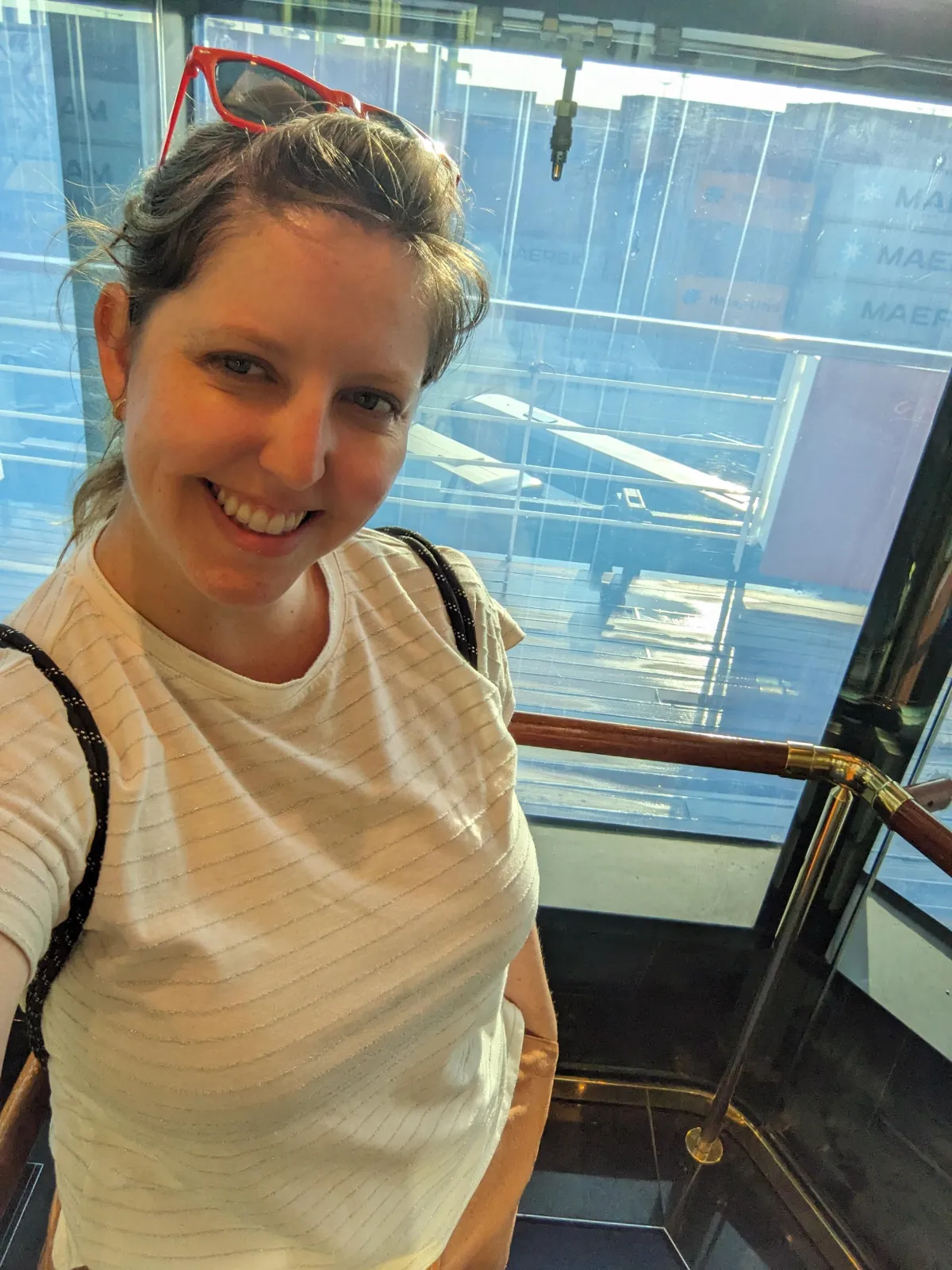 Tara in the elevator on the cruise ship