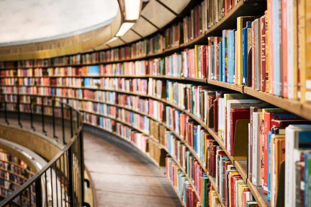 A view of library bookshelves