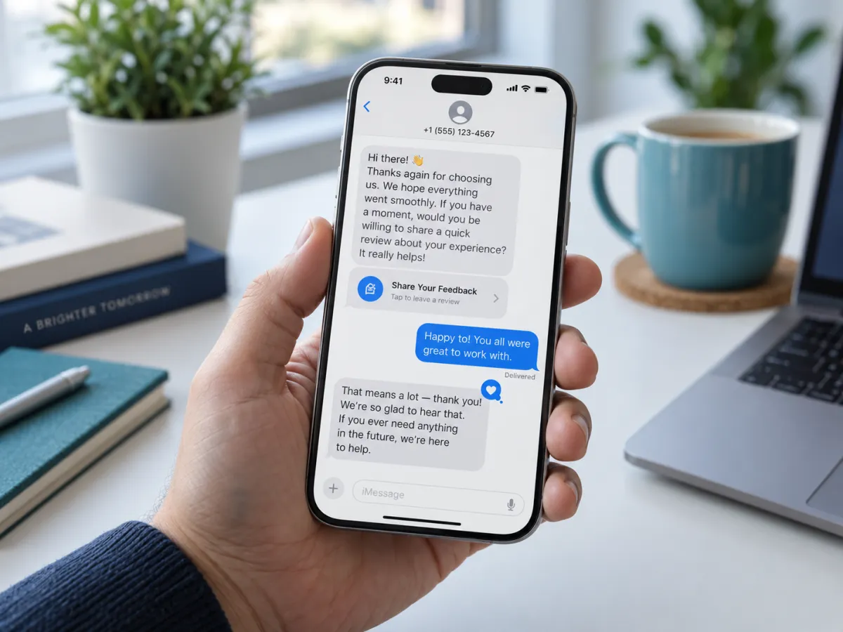 Automated customer review request text messages on a mobile phone