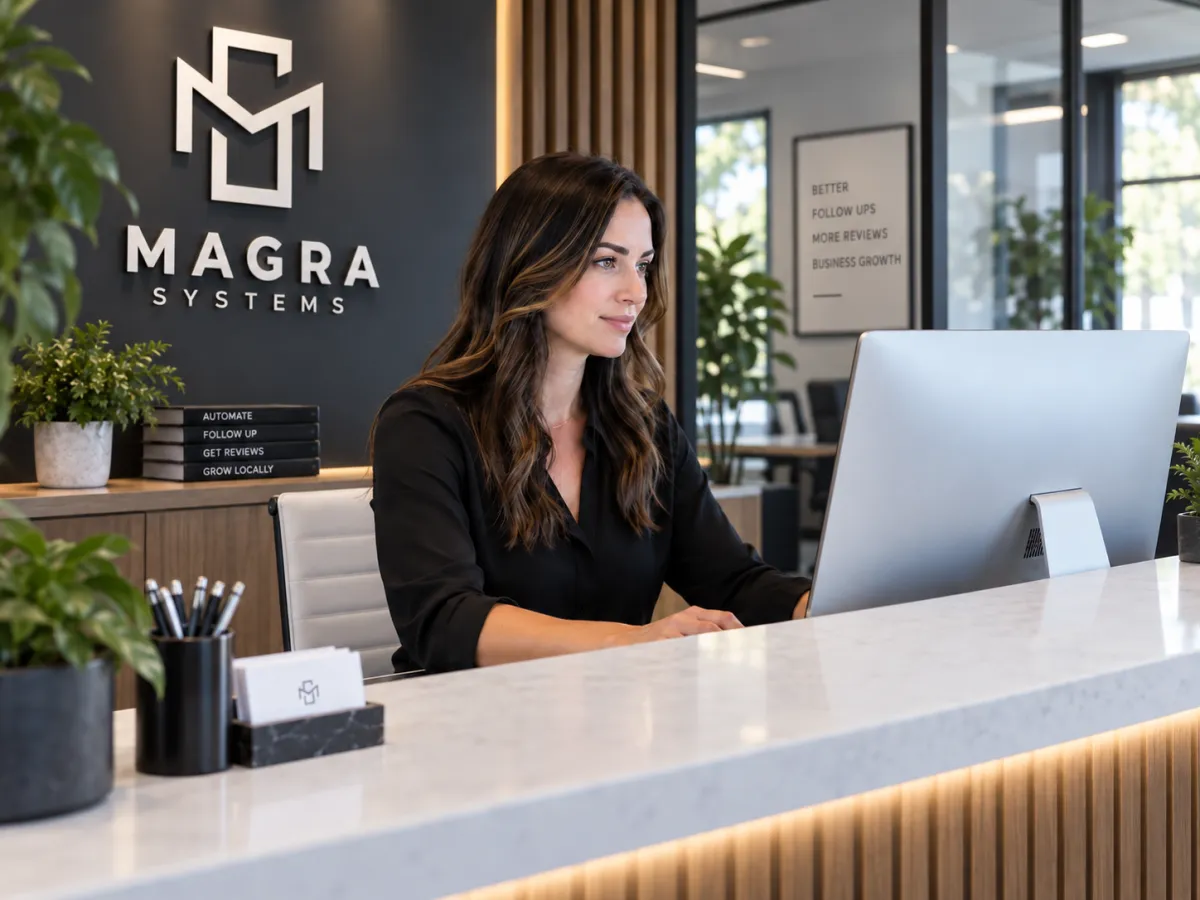 Local business owner managing customer follow-up at a front desk
