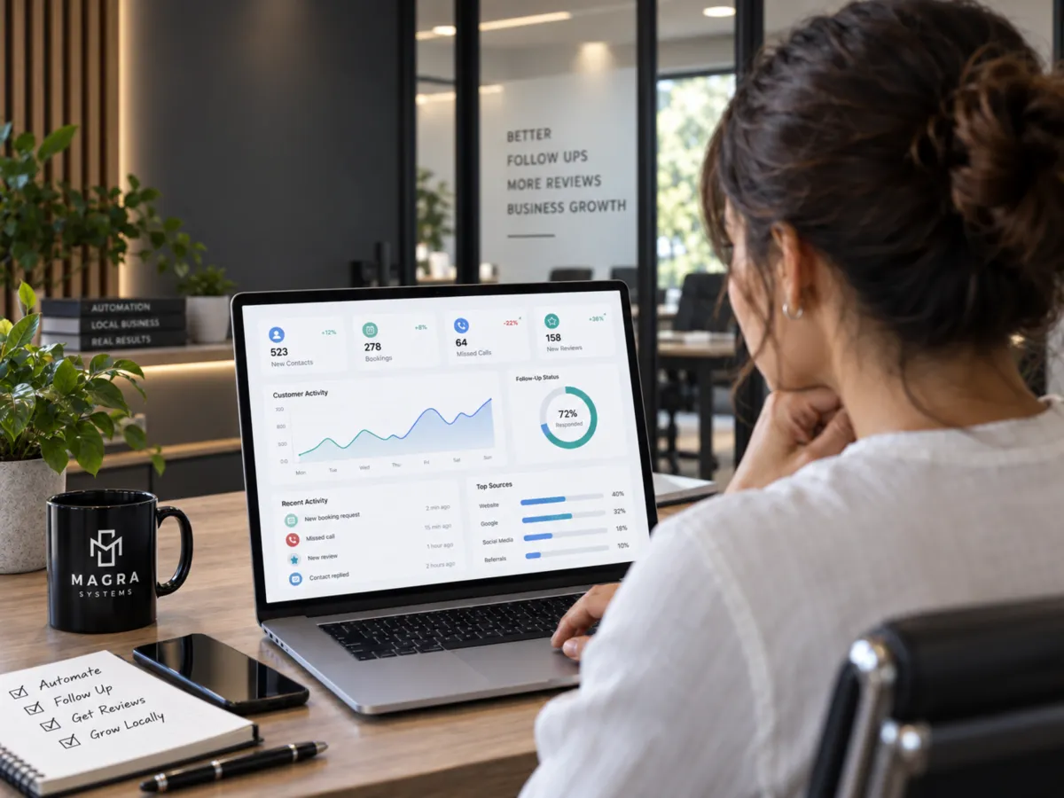 Local business automation dashboard showing customer follow-up and reputation activity