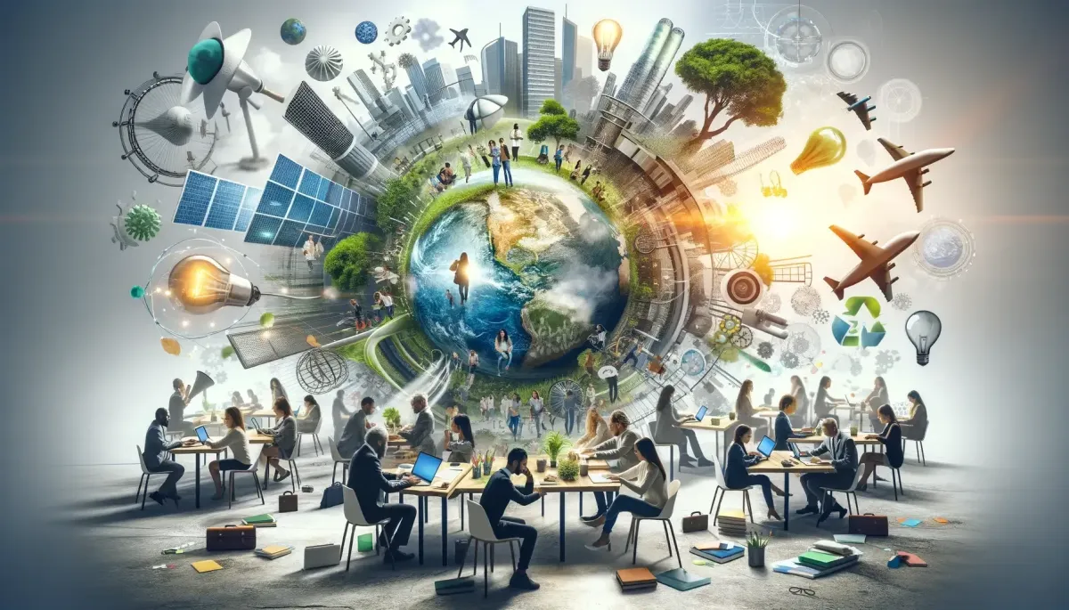 Abstract depiction of workers collaborating at desks with a globe above, representing SHH Group's mission of global innovation and teamwork.