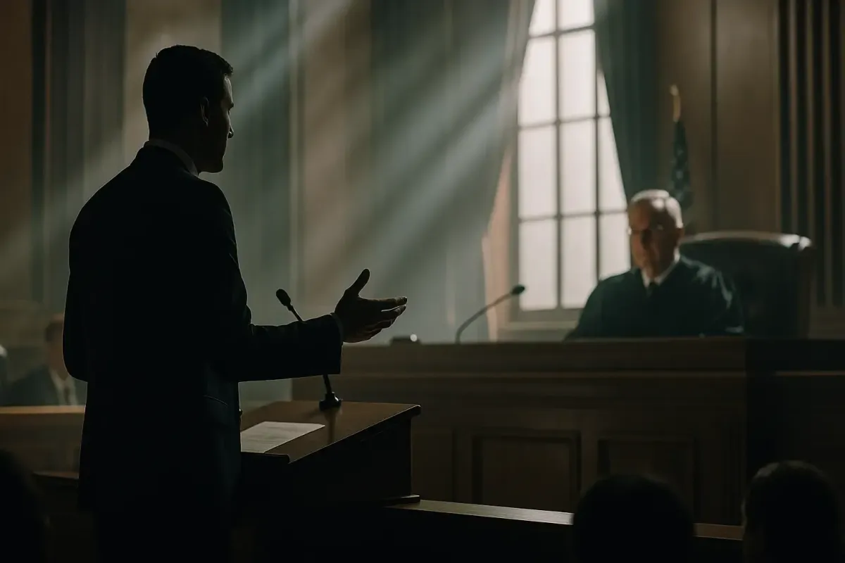 Silhouetted attorney presenting in a courtroom, representing legal advocacy and litigation strength in Sheridan, Wyoming.