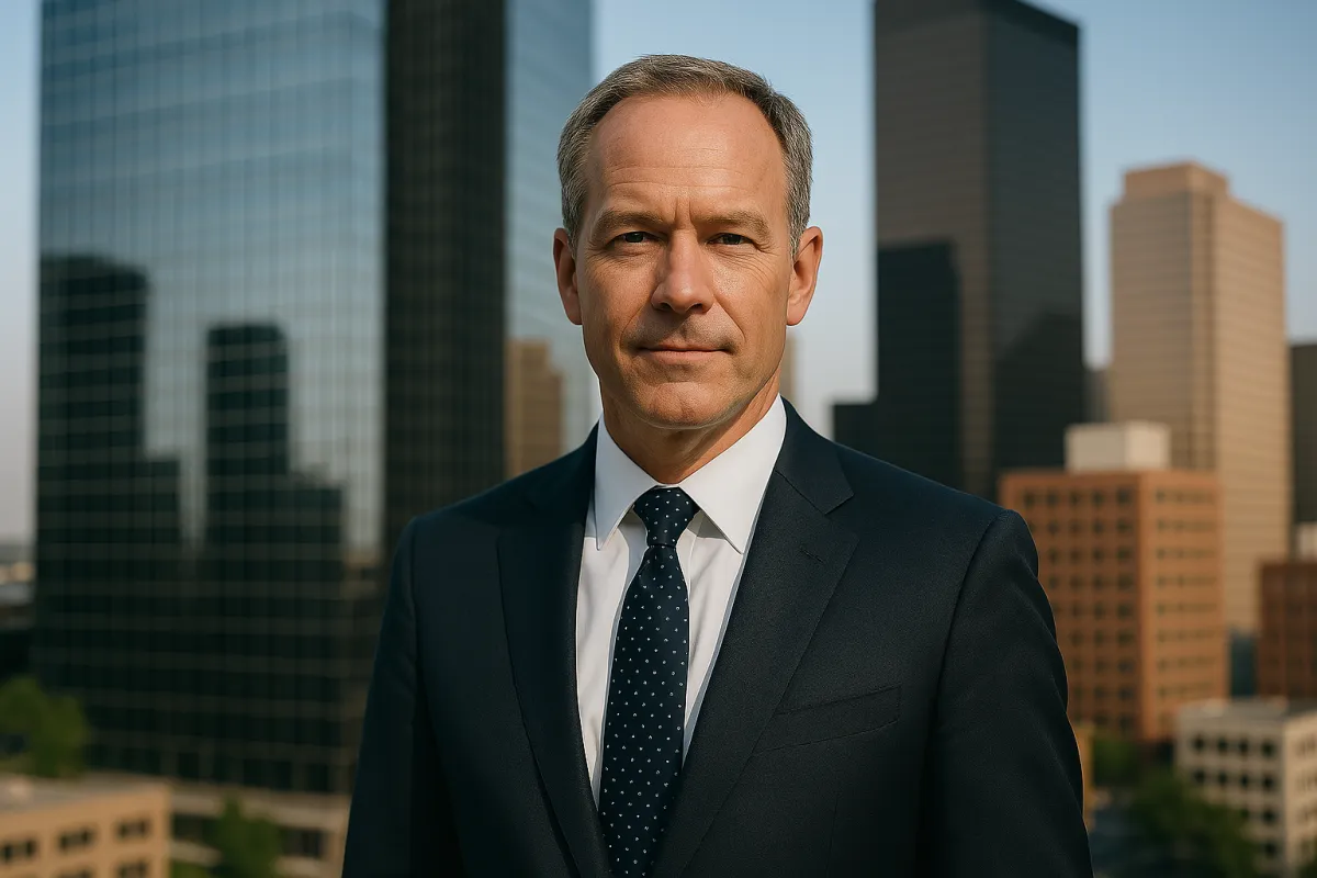 Portrait of Scott, SHH Group’s real estate law partner, standing confidently with a modern building in Sheridan, Wyoming.