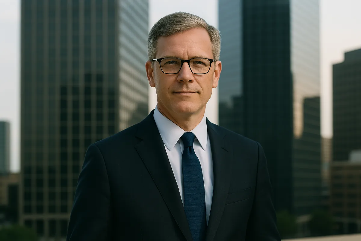 SHH Group’s M&A partner, seated in a boardroom reviewing documents, with Sheridan’s skyline in the background.