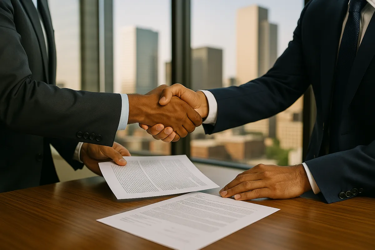 Attorney standing near law books in a Sheridan courthouse, representing business litigation and legal advocacy.