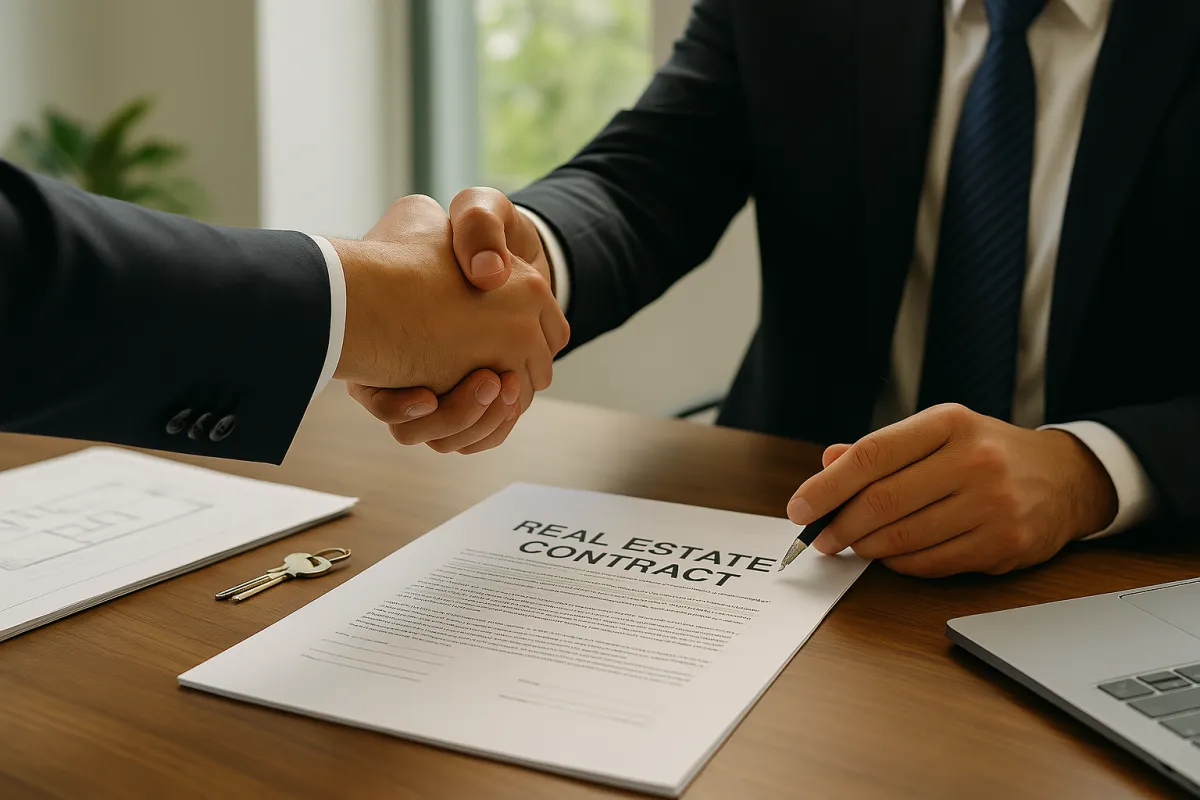Two professionals shaking hands across a conference table in Sheridan, Wyoming, symbolizing successful M&A deals.