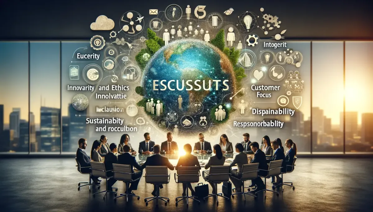 Abstract depiction of people meeting around a round conference table with a globe above, symbolizing SHH Group's commitment to global collaboration and core values.