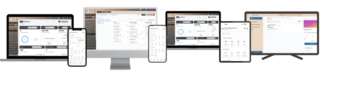 A dark grey rectangular container displaying several software interface mockups across different devices, including desktop monitors, laptops, tablets, and mobile phones, arranged in a neat line.