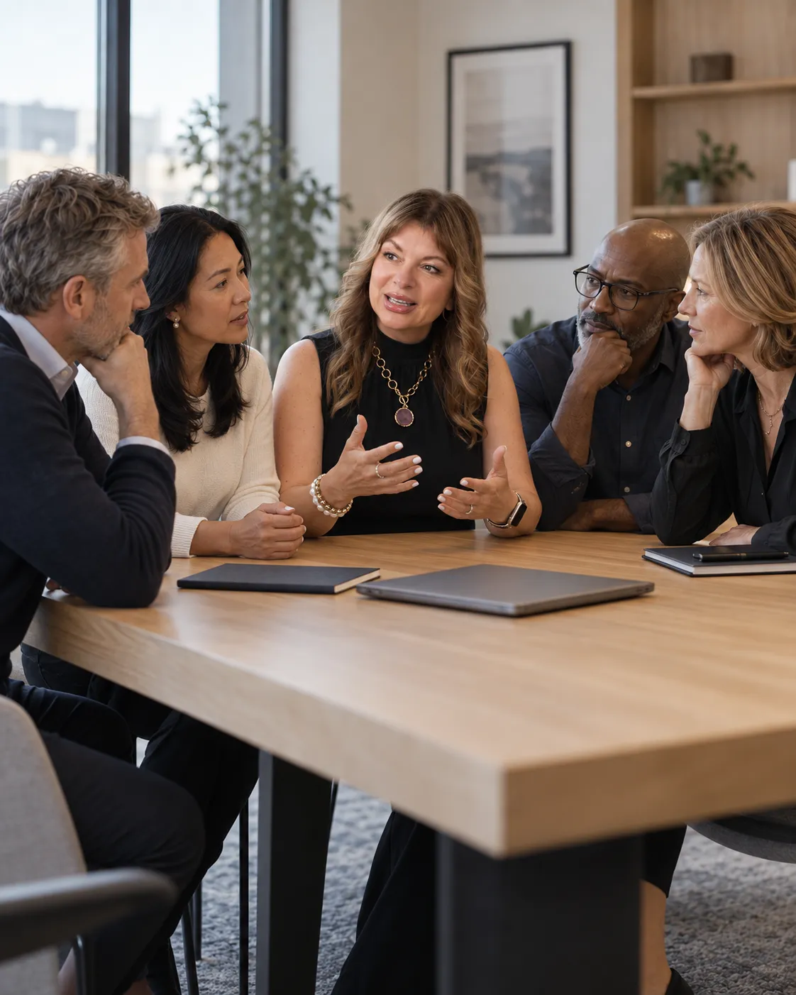 Established business owner reviewing financial data in a premium editorial office setting