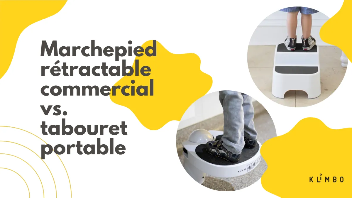 Comparaison entre un marchepied rétractable commercial et un tabouret portable, avec deux photos montrant des enfants debout sur chaque type de marchepied, à côté du texte « Marchepied rétractable commercial vs. tabouret portable »
