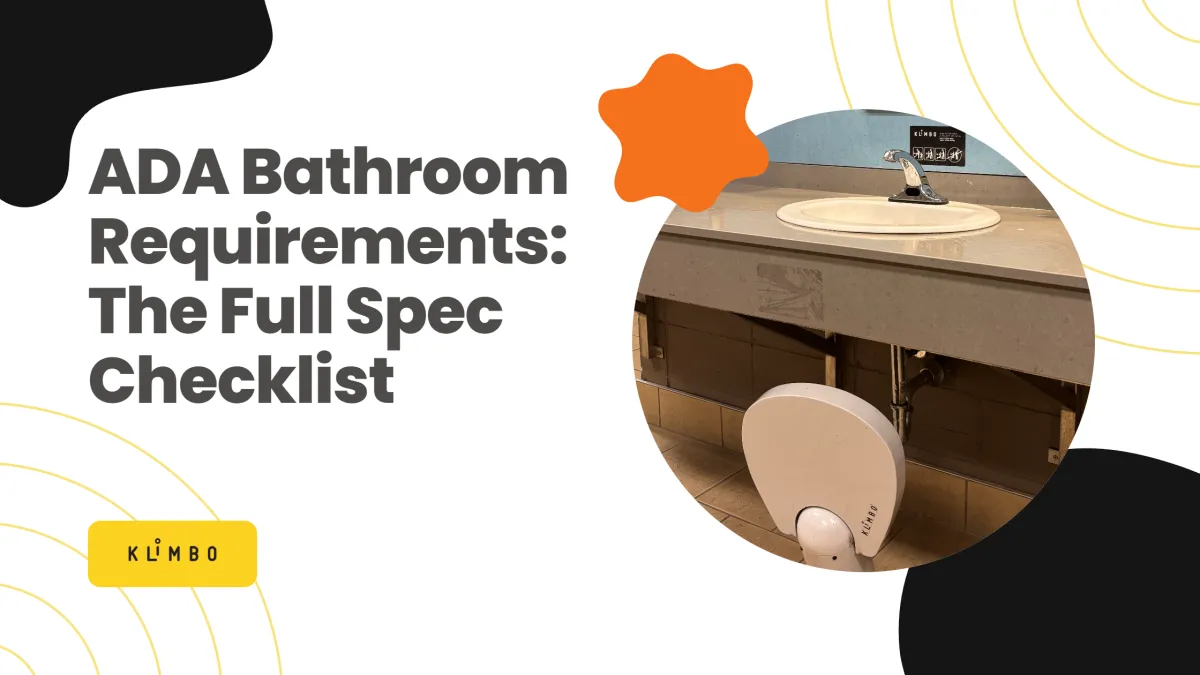 Klimbo retractable step stool folded under a public restroom sink at the ADA 34 inch rim height
