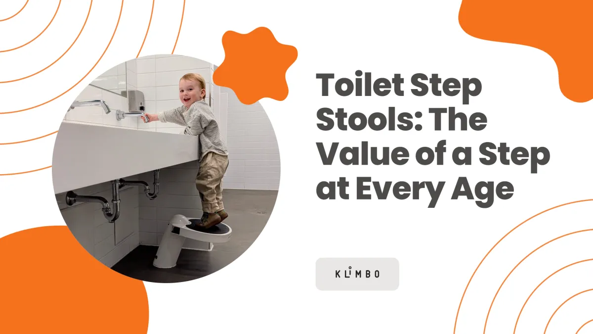 Toilet step stools for every age - toddler reaching a public sink on a Klimbo retractable step stool