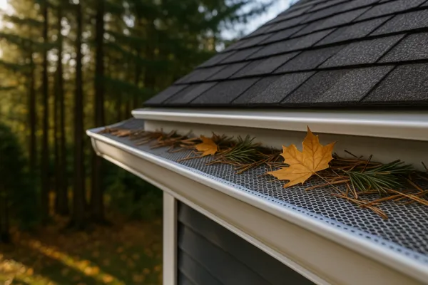 Close-up of a home’s seamless gutter system with a leaf guard installed, protecting against pine needles and leaves — Sound Gutters Washington professional gutter installation and cleaning services.