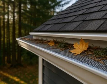 Close-up of a home’s seamless gutter system with a leaf guard installed, protecting against pine needles and leaves — Sound Gutters Washington professional gutter installation and cleaning services.