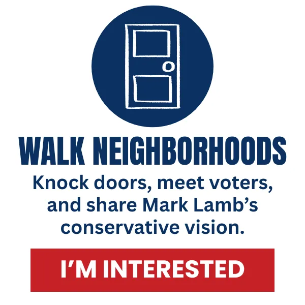 Image of a door inviting volunteers to walk neighborhoods to suppor Mark Lamb for Congress