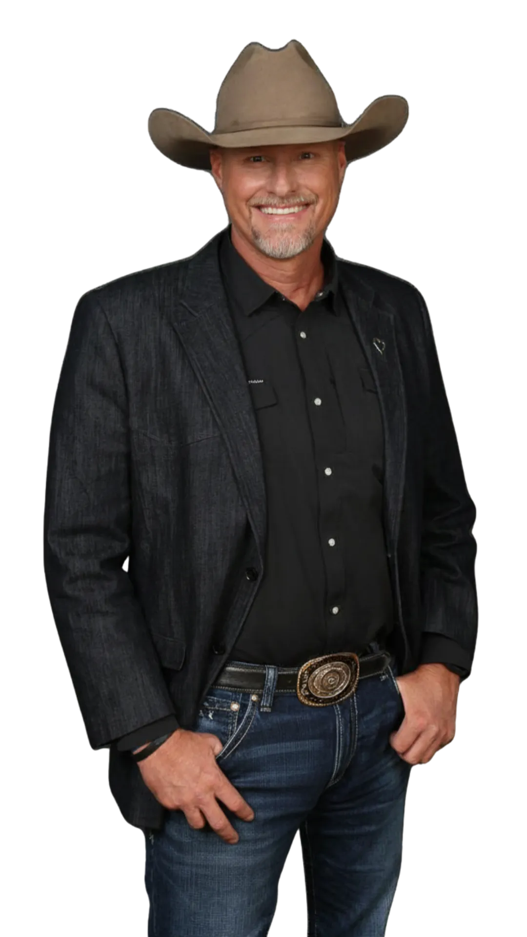 Retired Pinal County Sheriff Mark Lamb wearing blue jeans, black button up shirt, grey sport jacket and tan cowboy hat