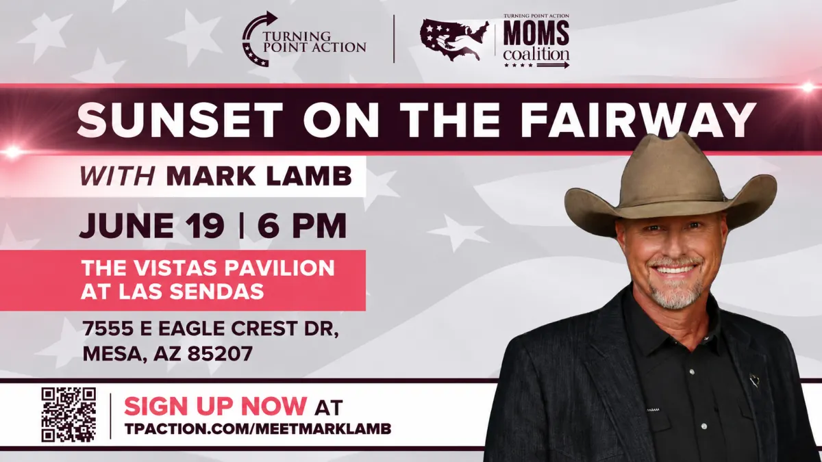 Mark Lamb for Congress joins the Turning Point Action Moms Coalition for the Sunset on the Fairway event in Mesa, Arizona, bringing together Arizona moms, families, and conservative leaders to discuss faith, family, freedom, border security, and constitutional leadership.