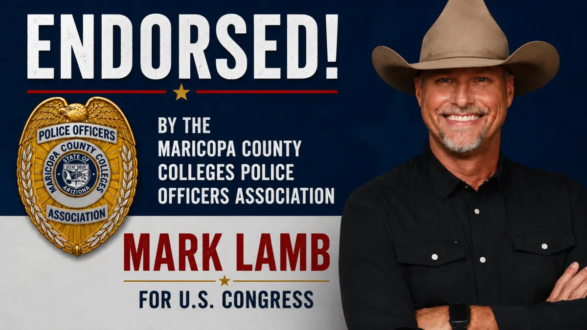 Mark Lamb, retired Pinal County Sheriff and candidate for U.S. Congress in Arizona's 5th Congressional District, pictured alongside the Maricopa County Colleges Police Officers Association badge after receiving the organization's endorsement. The graphic highlights support from campus law enforcement and public safety professionals, with bold text announcing the endorsement and Mark Lamb's campaign for Congress.