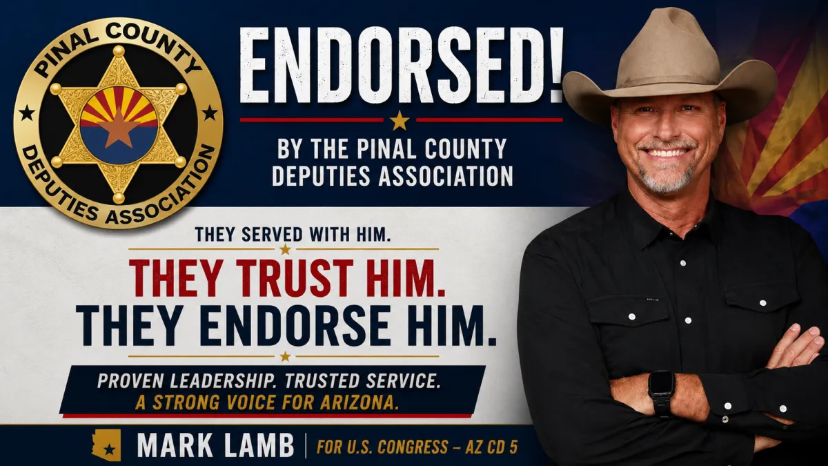 Official endorsement letter from the Pinal County Deputies Association endorsing retired Pinal County Sheriff Mark Lamb for Congress in Arizona's 5th Congressional District, citing his leadership, support for deputies, commitment to public safety, and record of service.